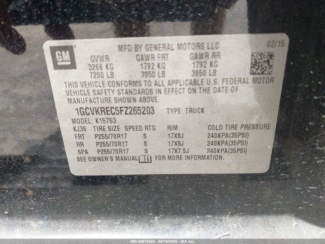 44878386 :رقم المزاد ، 1GCVKREC5FZ265203 vin ، 2015 Chevrolet Silverado 1500 1lt مزاد بيع