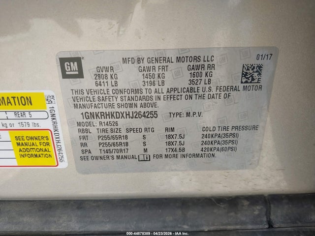 2017 Chevrolet Traverse 2lt მანქანა იყიდება აუქციონზე, vin: 1GNKRHKDXHJ264255, აუქციონის ნომერი: 44878389