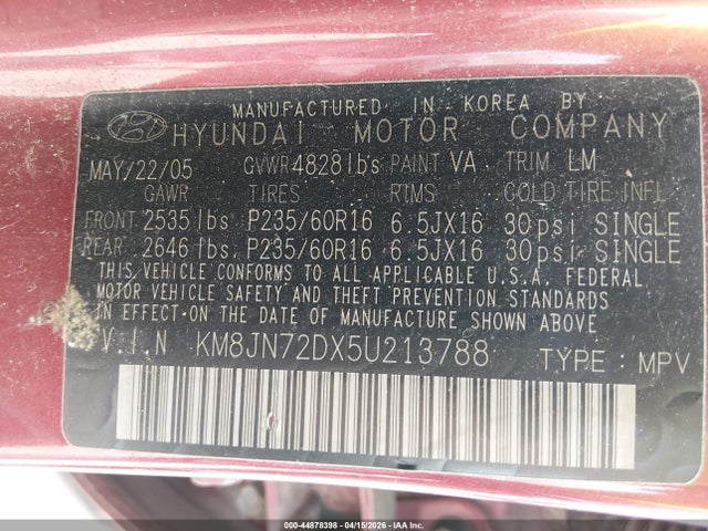 Продажа на аукционе авто 2005 Hyundai Tucson Gls/lx, vin: KM8JN72DX5U213788, номер лота: 44878398
