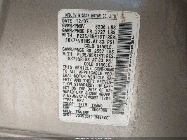 Aukcja sprzedaży 2009 Nissan Murano Sl, vin: JN8AZ18WX9W111761, numer aukcji: 44878413