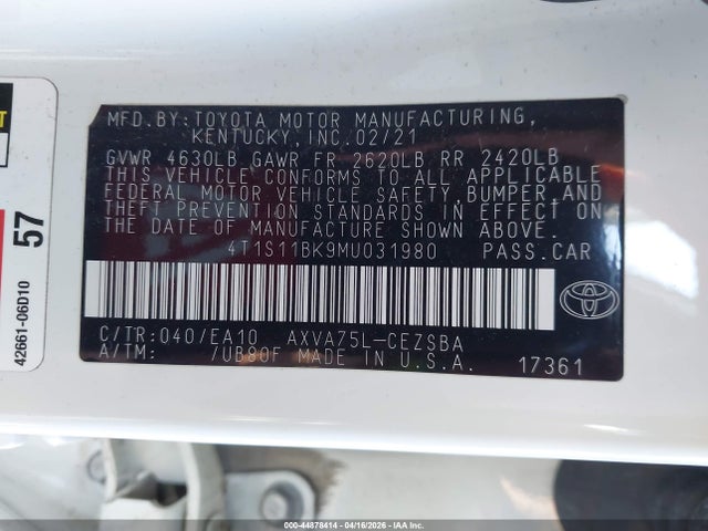 Продажа на аукционе авто 2021 Toyota Camry Se Awd, vin: 4T1S11BK9MU031980, номер лота: 44878414