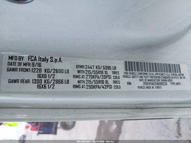 44878421 :رقم المزاد ، ZFBERFAB2H6D99328 vin ، 2017 Ram Promaster City Tradesman مزاد بيع