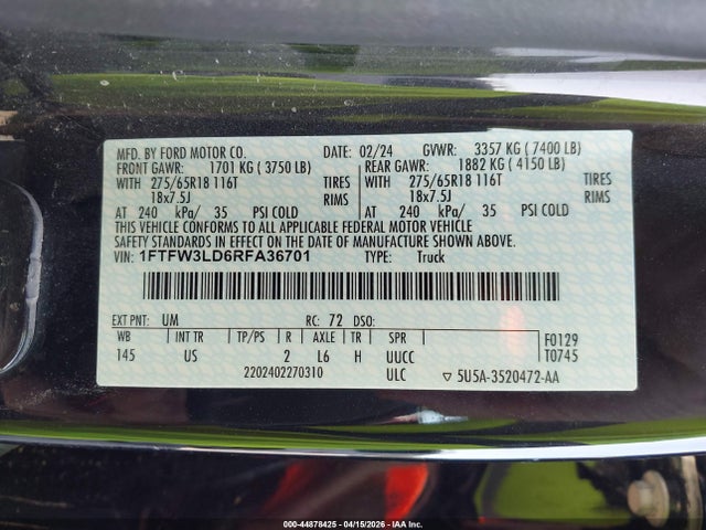 44878425 :رقم المزاد ، 1FTFW3LD6RFA36701 vin ، 2024 Ford F-150 Xlt مزاد بيع