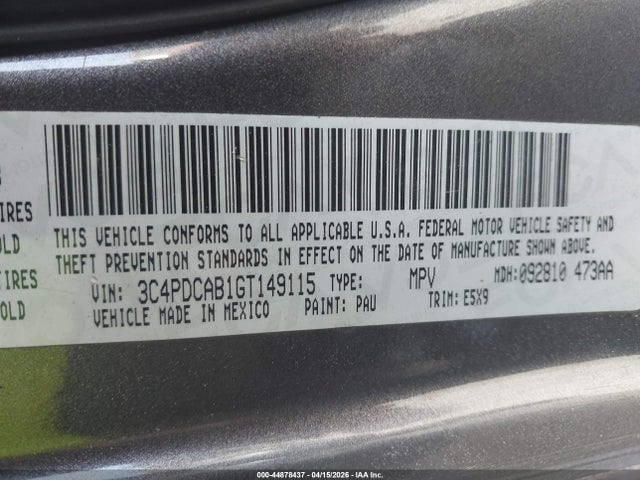 Продаж на аукціоні авто 2016 Dodge Journey Se, vin: 3C4PDCAB1GT149115, номер лоту: 44878437