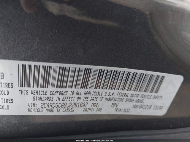 Продажа на аукционе авто 2018 Dodge Grand Caravan Sxt, vin: 2C4RDGCG9JR281607, номер лота: 44878447