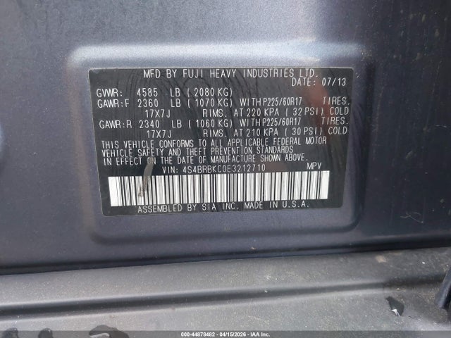 44878482 :رقم المزاد ، 4S4BRBKC0E3212710 vin ، 2014 Subaru Outback 2.5i Limited مزاد بيع