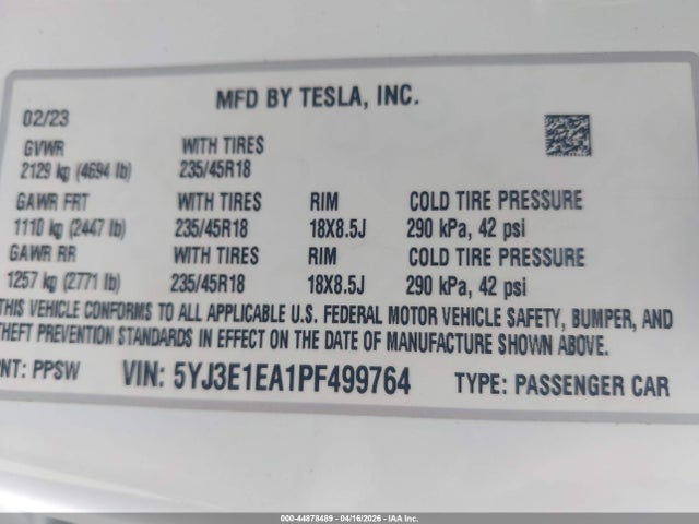 Aukcja sprzedaży 2023 Tesla Model 3 Rear-wheel Drive, vin: 5YJ3E1EA1PF499764, numer aukcji: 44878489