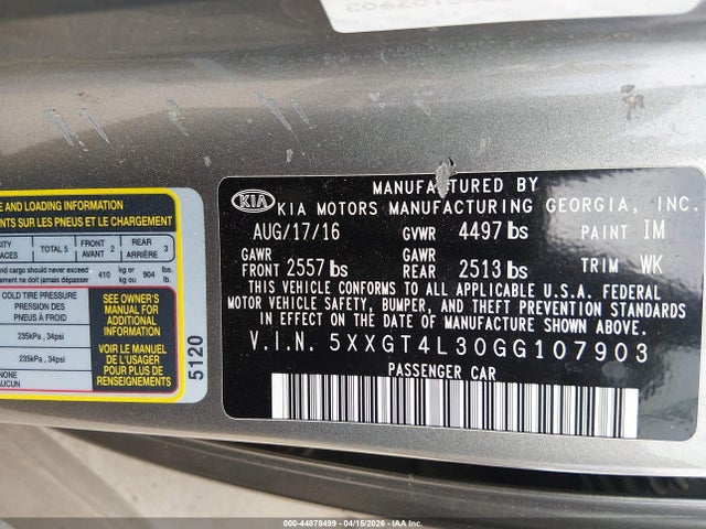 Aukcja sprzedaży 2016 Kia Optima Lx, vin: 5XXGT4L30GG107903, numer aukcji: 44878499