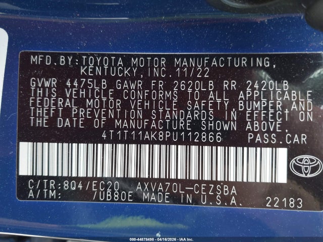 44878498 :رقم المزاد ، 4T1T11AK8PU112866 vin ، 2023 Toyota Camry Se Nightshade Edition مزاد بيع