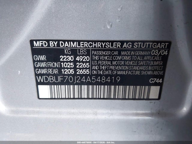Aukcja sprzedaży 2004 Mercedes-benz E 500, vin: WDBUF70J24A548419, numer aukcji: 44878500