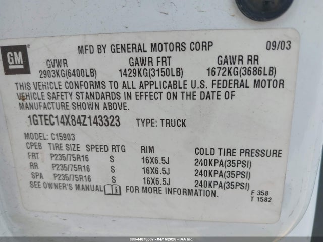 44878507 :رقم المزاد ، 1GTEC14X84Z143323 vin ، 2004 Gmc Sierra 1500 Work Truck مزاد بيع