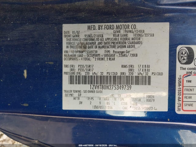 Продаж на аукціоні авто 2007 Ford Mustang V6 Deluxe/v6 Premium, vin: 1ZVHT80N275349739, номер лоту: 44878508