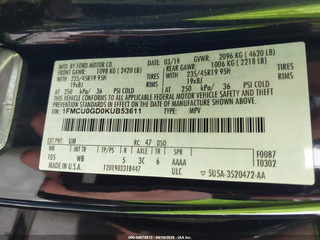 Aukcja sprzedaży 2019 Ford Escape Se, vin: 1FMCU0GD0KUB53611, numer aukcji: 44878512