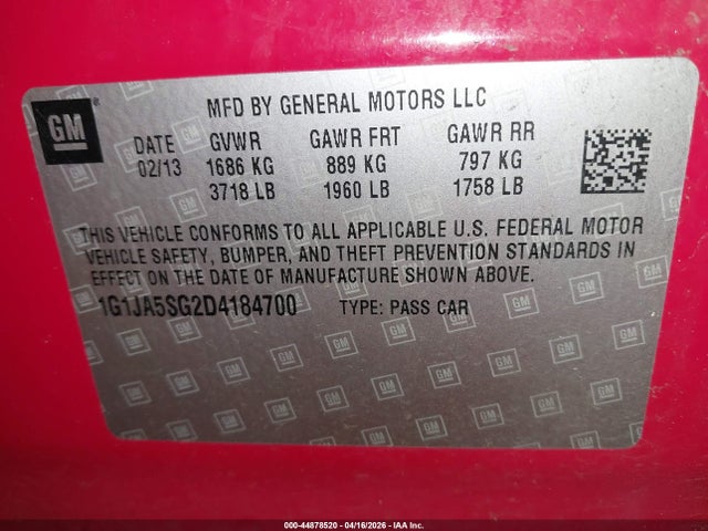 Aukcja sprzedaży 2013 Chevrolet Sonic Ls Auto, vin: 1G1JA5SG2D4184700, numer aukcji: 44878520
