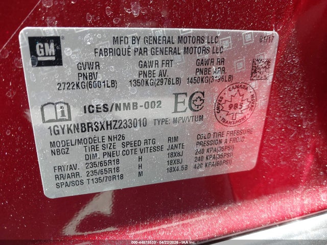 1GYKNBRSXHZ233010 Cadillac XT5 LUXURY