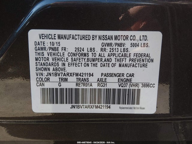 Aukcja sprzedaży 2015 Infiniti Q50 Premium, vin: JN1BV7ARXFM421194, numer aukcji: 44878545