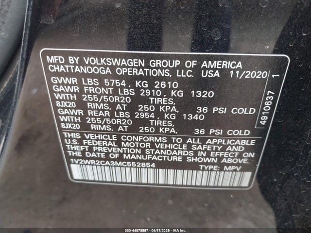 Продаж на аукціоні авто 2021 Volkswagen Atlas 3.6l V6 Se W/technology, vin: 1V2WR2CA3MC552854, номер лоту: 44878557