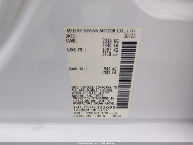 1N4AL4CV7PN322695 Nissan Altima Sr Vc-turbo Fwd