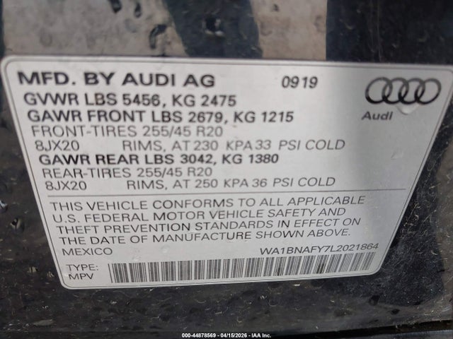 Продаж на аукціоні авто 2020 Audi Q5 Premium Plus 45 Tfsi Quattro S Tronic, vin: WA1BNAFY7L2021864, номер лоту: 44878569