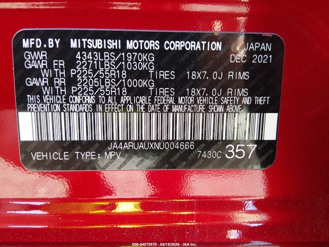 Aukcja sprzedaży 2022 Mitsubishi Outlander Sport 2.0 Es Awc, vin: JA4ARUAUXNU004666, numer aukcji: 44878570