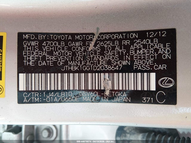 Продаж на аукціоні авто 2013 Lexus Es 350, vin: JTHBK1GG1D2038647, номер лоту: 44878574