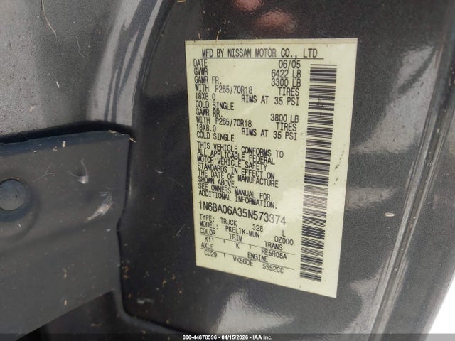 Aukcja sprzedaży 2005 Nissan Titan Se, vin: 1N6BA06A35N573374, numer aukcji: 44878596