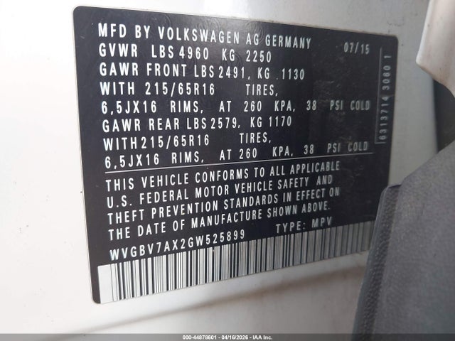 44878601 :رقم المزاد ، WVGBV7AX2GW525899 vin ، 2016 Volkswagen Tiguan S مزاد بيع