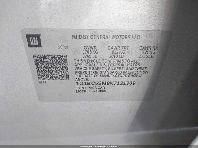Продаж на аукціоні авто 2019 Chevrolet Cruze Ls, vin: 1G1BC5SM8K7121309, номер лоту: 44878603