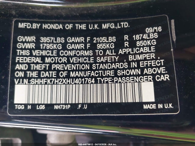 SHHFK7H2XHU401764 Honda Civic Lx