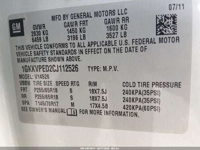Продажа на аукционе авто 2012 Gmc Acadia Sle, vin: 1GKKVPED2CJ112526, номер лота: 44878614