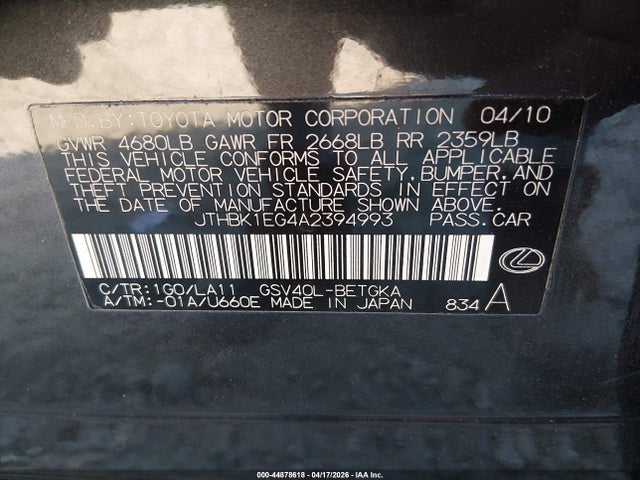 Продажа на аукционе авто 2010 Lexus Es 350, vin: JTHBK1EG4A2394993, номер лота: 44878618