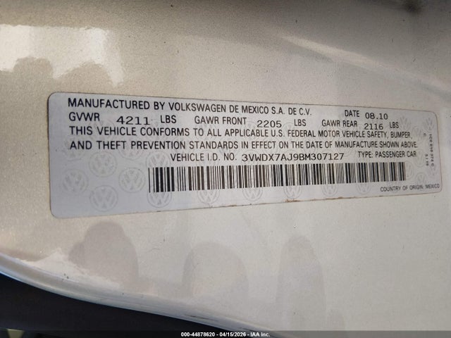 Продаж на аукціоні авто 2011 Volkswagen Jetta 2.5l Se, vin: 3VWDX7AJ9BM307127, номер лоту: 44878620