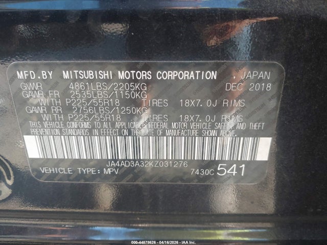 Aukcja sprzedaży 2019 Mitsubishi Outlander Le, vin: JA4AD3A32KZ031276, numer aukcji: 44878626