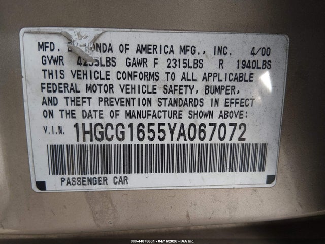 44878631 :رقم المزاد ، 1HGCG1655YA067072 vin ، 2000 Honda Accord 3.0 Ex مزاد بيع