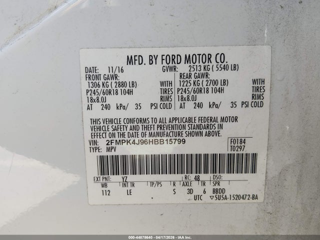 Продаж на аукціоні авто 2017 Ford Edge Sel, vin: 2FMPK4J96HBB15799, номер лоту: 44878640