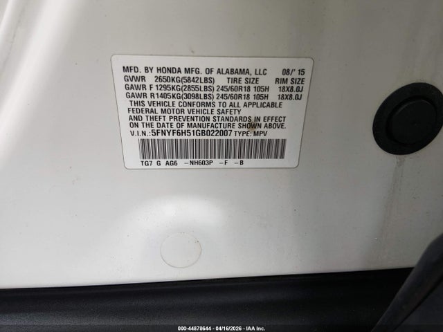 Aukcja sprzedaży 2016 Honda Pilot Ex-l, vin: 5FNYF6H51GB022007, numer aukcji: 44878644