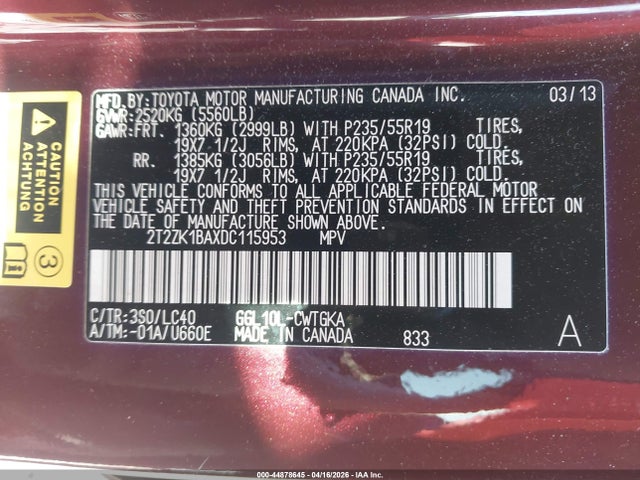 44878645 :رقم المزاد ، 2T2ZK1BAXDC115953 vin ، 2013 Lexus Rx 350 مزاد بيع