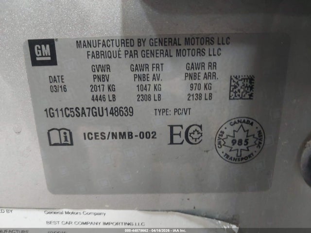44878662 :رقم المزاد ، 1G11C5SA7GU148639 vin ، 2016 Chevrolet Malibu Limited Lt مزاد بيع