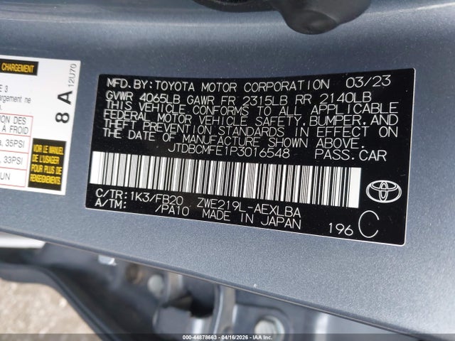 JTDBCMFE1P3016548 Toyota Corolla Hybrid Le