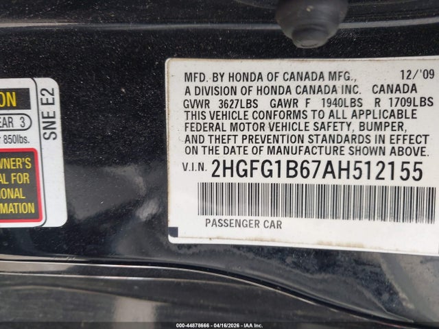 Продаж на аукціоні авто 2010 Honda Civic Lx, vin: 2HGFG1B67AH512155, номер лоту: 44878666