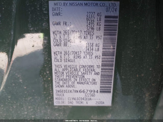 44878674 :رقم المزاد ، 1N6ED1EK7RN667994 vin ، 2024 Nissan Frontier Pro-4x 4x4 مزاد بيع