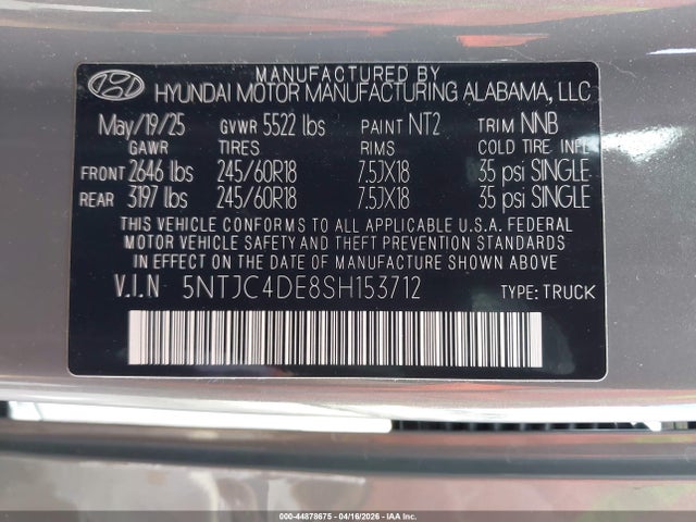 44878675 :رقم المزاد ، 5NTJC4DE8SH153712 vin ، 2025 Hyundai Santa Cruz Sel Activity مزاد بيع