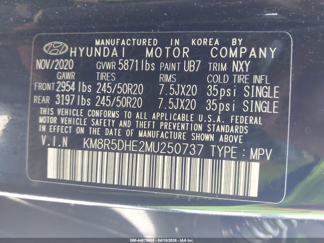 2021 Hyundai Palisade Limited მანქანა იყიდება აუქციონზე, vin: KM8R5DHE2MU250737, აუქციონის ნომერი: 44878688