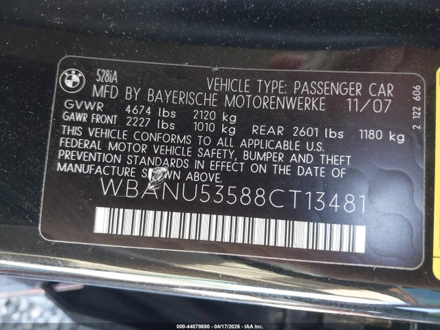 Продажа на аукционе авто 2008 Bmw 528i, vin: WBANU53588CT13481, номер лота: 44878690