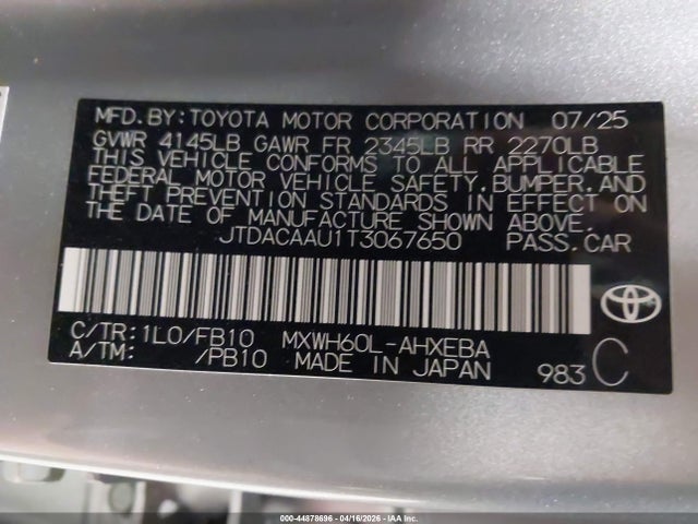 2026 Toyota Prius Le მანქანა იყიდება აუქციონზე, vin: JTDACAAU1T3067650, აუქციონის ნომერი: 44878696