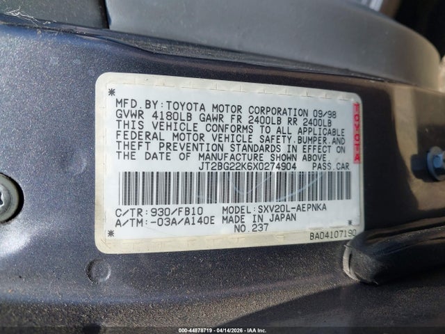 1999 TOYOTA CAMRY JT2BG22K6X0274904 Photo 8