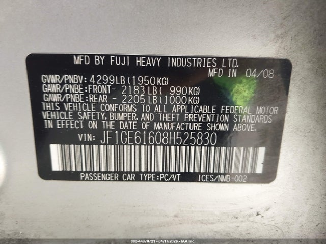 2008 Subaru Impreza 2.5i მანქანა იყიდება აუქციონზე, vin: JF1GE61608H525830, აუქციონის ნომერი: 44878721