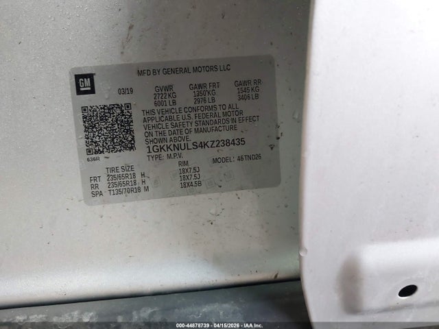 44878739 :رقم المزاد ، 1GKKNULS4KZ238435 vin ، 2019 Gmc Acadia Slt-1 مزاد بيع