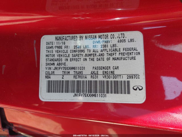 Продаж на аукціоні авто 2017 Infiniti Q60 3.0t Red Sport 400, vin: JN1FV7EKXHM611031, номер лоту: 44878754