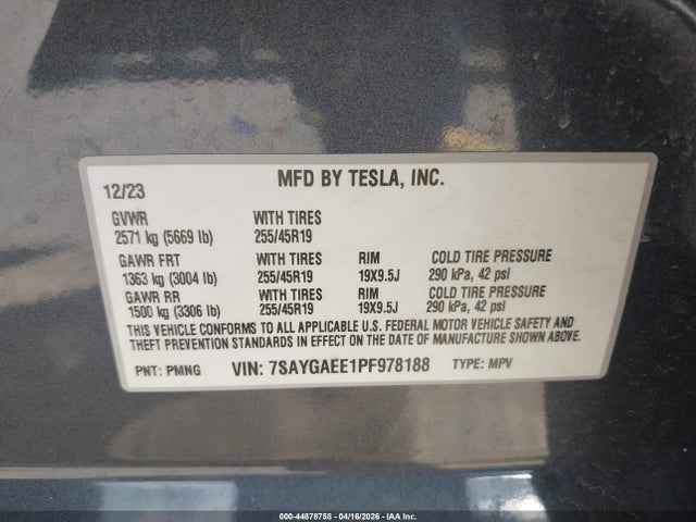 Aukcja sprzedaży 2023 Tesla Model Y Awd/long Range Dual Motor All-wheel Drive, vin: 7SAYGAEE1PF978188, numer aukcji: 44878758